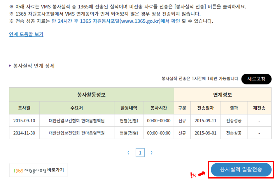 1365자원봉사포털 연계결과 조회 및 재전송
- 우측 하단의 [봉사실적 일괄전송] 클릭
※전송 성공 자료는 24시간 후 1365자원봉사포털에서 확인할 수 있습니다.
